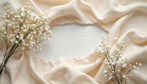 Delicate white flowers on flowing beige fabric create serene, elegant composition. Minimalist arrangement, with soft textures, neutral tones, offers calming, romantic aesthetic ideal for wedding