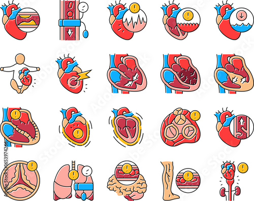 cardiology diseases icons set vector