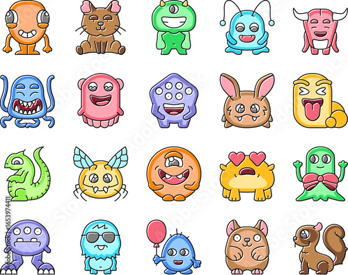 cute monster adorable fluffy icons set vector