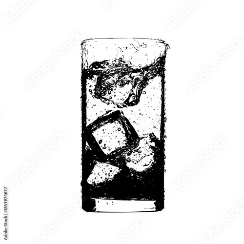 Black and white vector illustration of a glass of water with ice cubes for graphic design use