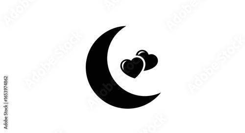 Vector art of black crescent moon with two hearts, symbolizing love and romance under the night sky