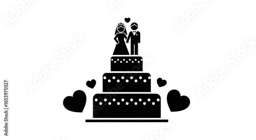 Vector art of wedding cake with bride and groom silhouette on top, decorated with hearts and lights