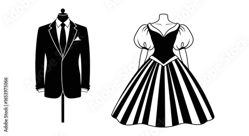 Vector art of black and white illustration of a formal tuxedo suit on a mannequin and an elegant ballgown dress