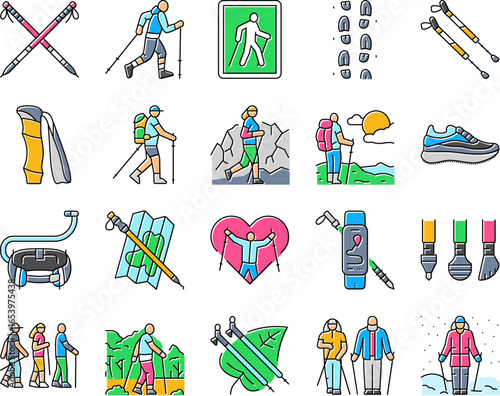 nordic walking exercise outdoor icons set vector