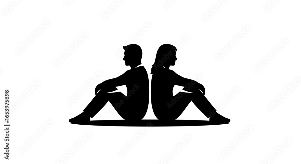 Obraz premium Vector art of silhouette of a couple, a man and a woman, sitting back to back, symbolizing relationship problems, conflict, and distance