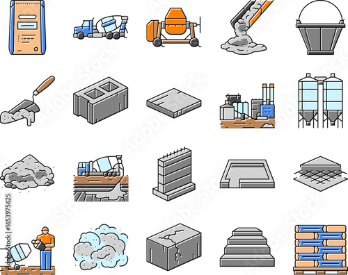 cement concrete construction icons set vector