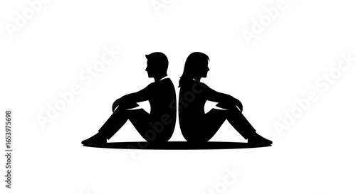 Vector art of silhouette of a couple, a man and a woman, sitting back to back, symbolizing relationship problems, conflict, and distance