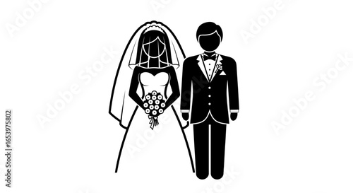 Vector art of bride and groom silhouette icon, representing a wedding couple in formal attire with bouquet and veil
