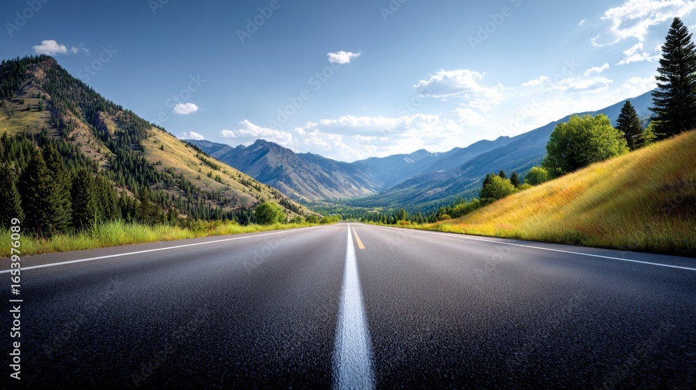 Fototapeta premium Long road with a mountain range in the background. The road is empty and the sky is clear