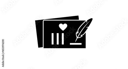 Vector art of black and white icon of a letter or card with a heart symbol and a quill pen