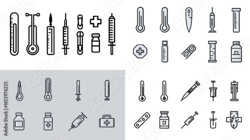 Minimalist medical line icons set featuring syringes, thermometers, pills, vials, and first aid symbols. Perfect for healthcare, vaccination, hospital, and pharmacy design projects.