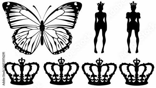 Black silhouette of butterfly, two women with crowns, and four crowns on a white background design element