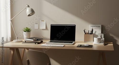 Sunlit modern home office workspace with an organized wooden desk and laptop, ideal for remote work and productivity.
