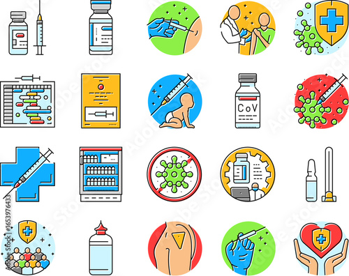 vaccine immunization syringe icons set vector