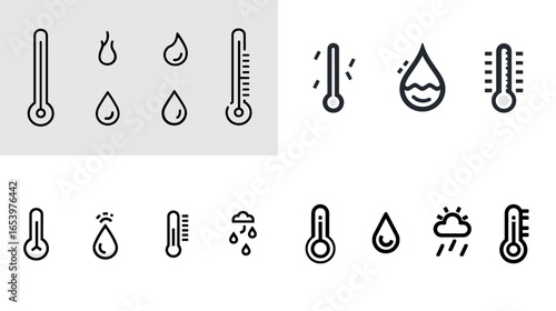 Minimalist line icons showing thermometers, water drops, and humidity symbols. Ideal for weather apps, climate control systems, and environmental monitoring designs.