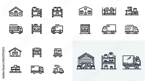 Warehouse and supply chain icons showing storage, shelves, truck, and cargo boxes. Great for logistics company, inventory system, e-commerce, and industrial business design.