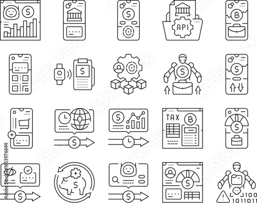 fintech blockchain payments icons set vector