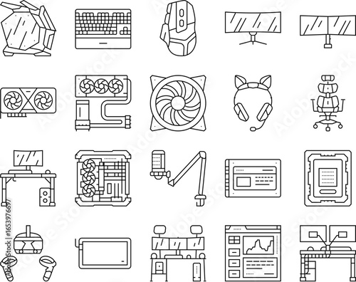 gaming pc hardware icons set vector