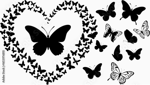 Black butterflies forming a heart shape with additional butterflies scattered around the design in black and white silhouette