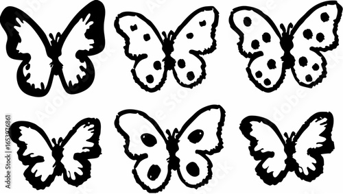 Illustration of six black and white butterflies with different wing patterns and shapes on a white background silhouette