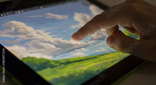 Digital Art Creation Close-up of a hand using a tablet to create a beautiful landscape painting
