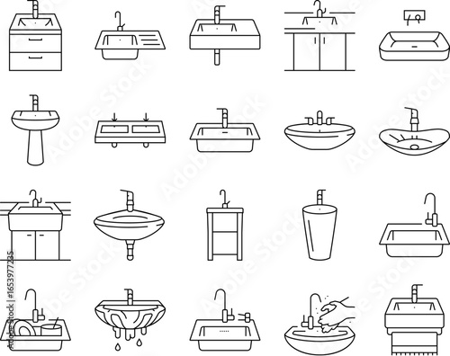 sink porcelain drain faucet icons set vector