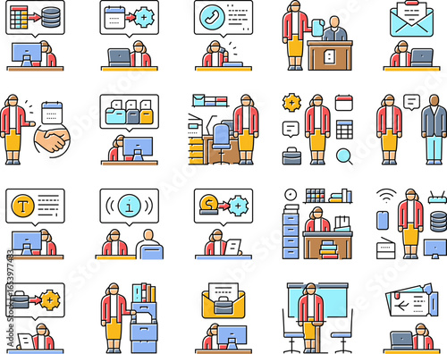 administrative assistant office icons set vector