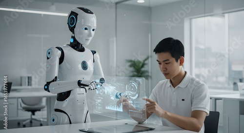 A man and a humanoid robot interact with a futuristic holographic interface in a modern office environment
