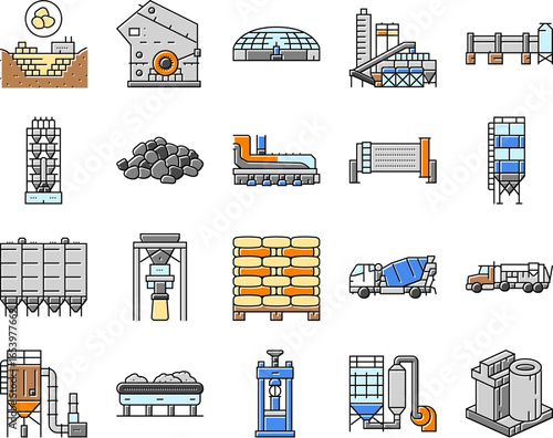 cement production gypsum icons set vector