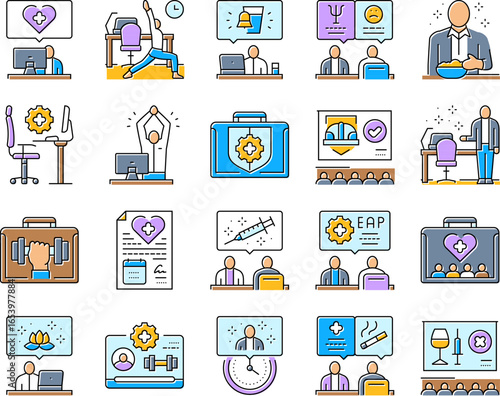 employee health office wellness icons set vector