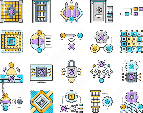 quantum computer qubit icons set vector