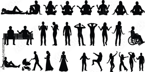 People silhouette set, diverse poses, sitting, standing, dancing, wheelchair, stroller, meditation, formal attire, lifestyle vector, black icons