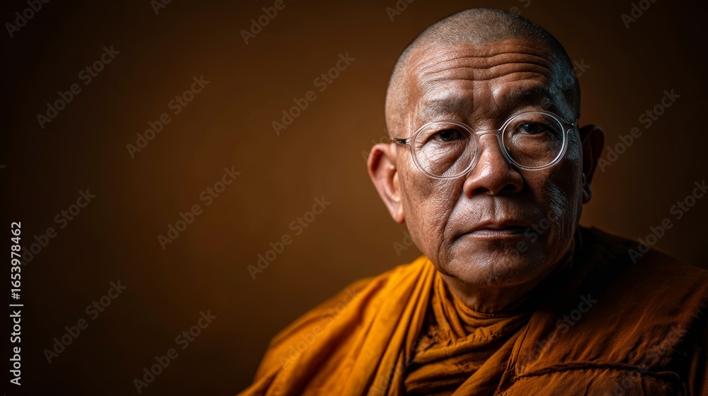 Obraz premium Bald elderly Asian monk wearing orange robe and round eyeglasses, calm expression, studio lighting, brown background
