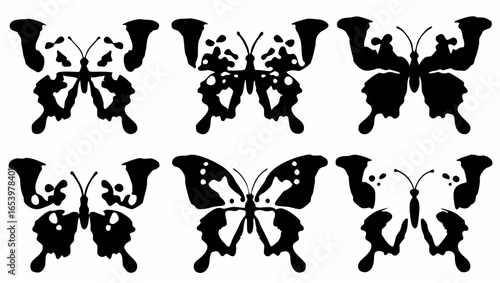 Six symmetrical butterfly inkblot designs arranged in two rows on a white background in monochrome style silhouette