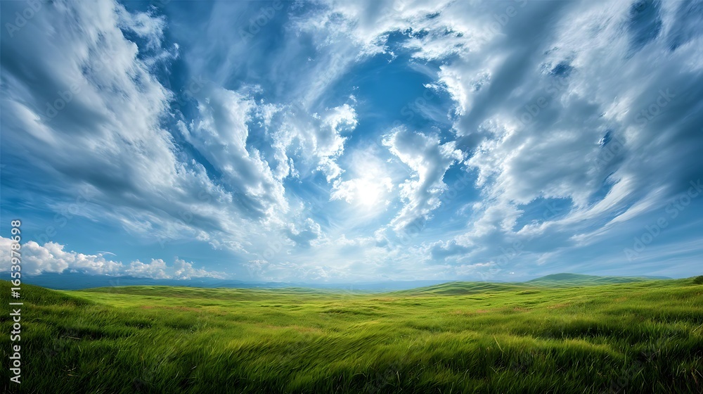 Obraz premium Lush Green Field with Vibrant Grass Under a Bright Sky