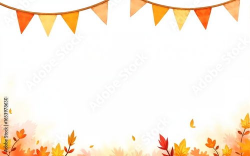 Garland seamless border in autumn orange and yellow colors for harvest festival greeting cards or Halloween invitations. Watercolor illustration with triangle pennant. Pattern with bunting for banner.
