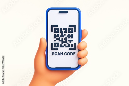 A 3D Cartoon Hand Holding a Modern Smartphone With a QR Code Displayed on the Screen, Illustrating the Concept of Digital Scanning and Mobile Payment, Mobile Technology, Contactless Services, Online