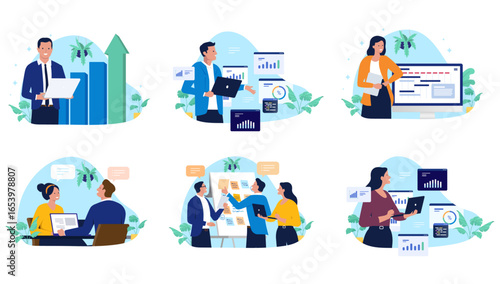Collection of business and office illustrations showcasing professional people working on laptops, analysing data, collaborating, and brainstorming ideas in a corporate environment, flat design style