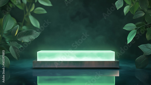 A rectangular podium with a mirrored base and illuminated top in soft green. The background is a dark gradient with abstract leaf patterns, adding a natural touch. 