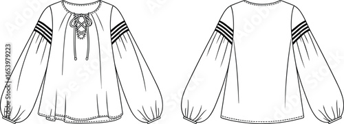 Front and back view long sleeve blouse CAD drawing, round neckline lace up detail, voluminous sleeves, striped shoulder accents, curved hem vector illustration