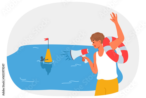 Man lifeguard waves hand to drowning man and holds lifebuoy demonstrating readiness to help. Man drowns due to non-compliance with rules of swimming and swimming behind buoy, needs help of lifeguard