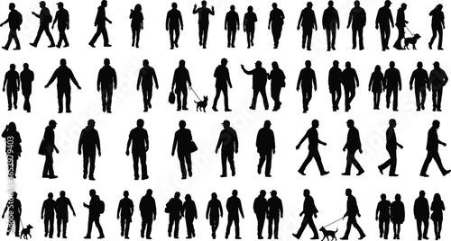 Silhouettes of people and dogs, walking, standing, talking, interacting, black figures, white background, human behavior, pet activity, design reference