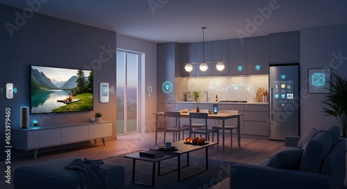 Futuristic Smart Home Interior Showcasing Advanced Automation and Integrated Devices for Enhanced Living and Contemporary Comfort