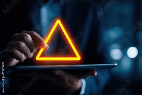 Businessperson holding a tablet with a glowing yellow triangle