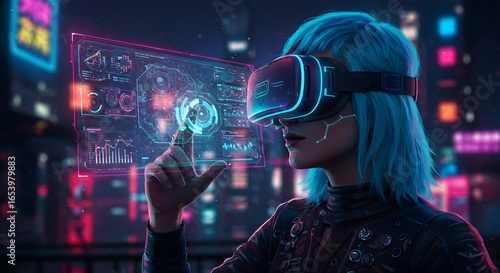 Cyberpunk Woman Interacting with Holographic Interface in Futuristic City