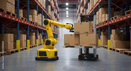 Automated Warehouse Robotic Arm Stacking Boxes in a Modern Distribution Center