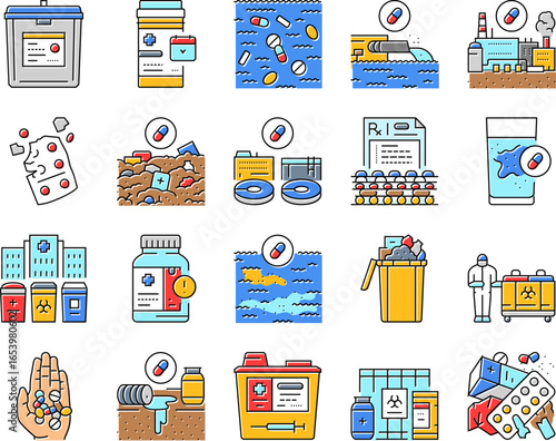 pharmaceutical pollution icons set vector
