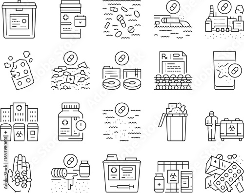 pharmaceutical pollution icons set vector