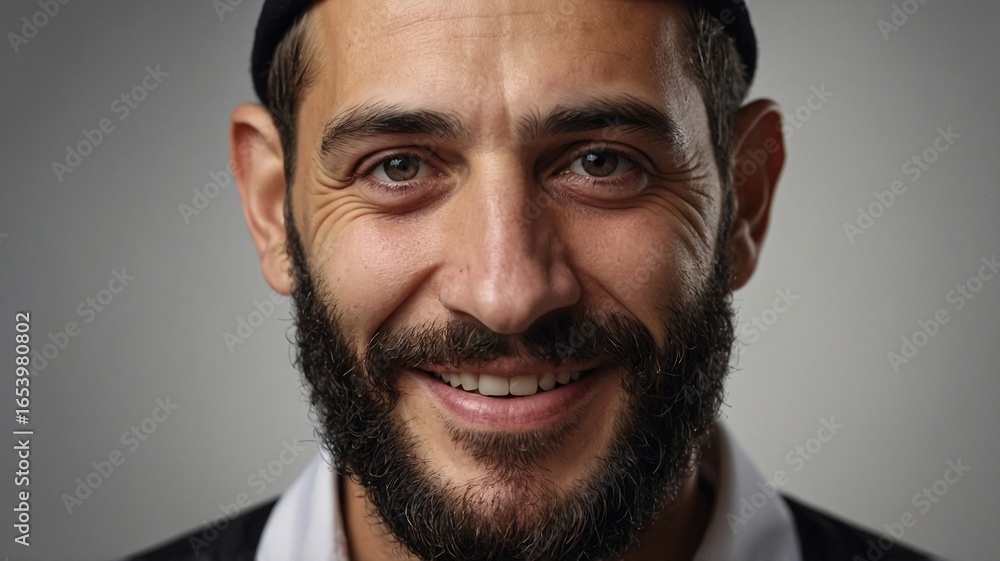 Fototapeta premium Smiling Middle-Eastern man with a beard, exuding warmth and confidence against a neutral background.