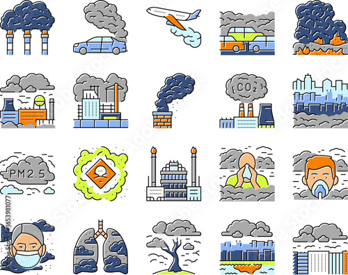 air pollution smog emissions icons set vector